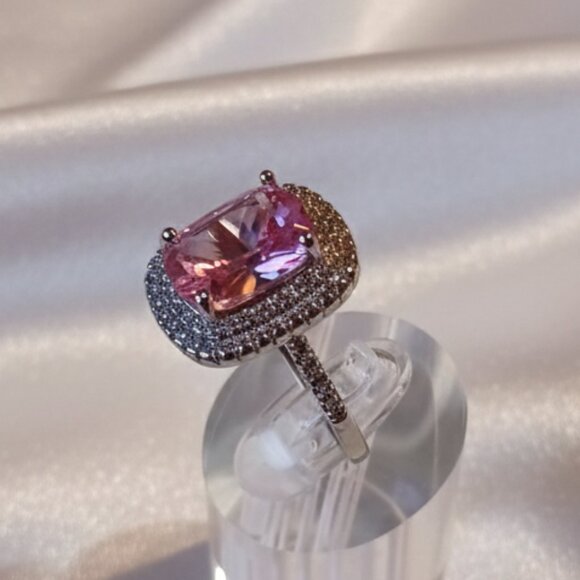 Silver Tone Fashion Statement Halo Pink Tourmaline Cocktail Ring Size 8.5 NWOT - Picture 6 of 8